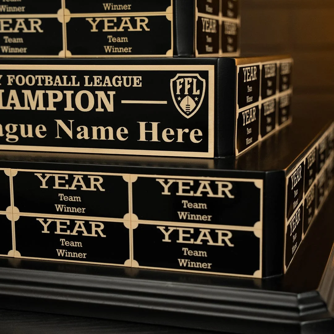 17" Fantasy Football Tiered Perpetual Trophy - Black/Gold Engravings - Image 8