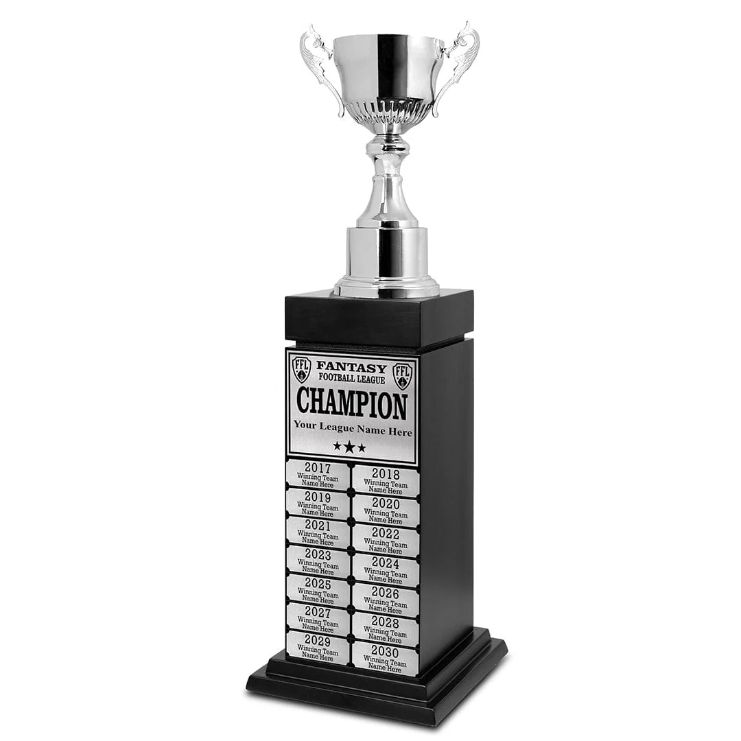 24" Fantasy Football Perpetual Trophy Tower - Silver Engravings - Image 9